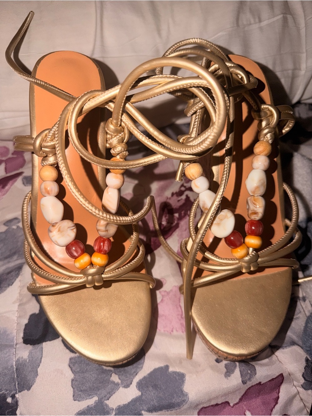 Gold Beaded Lace-Up Wedge Sandals